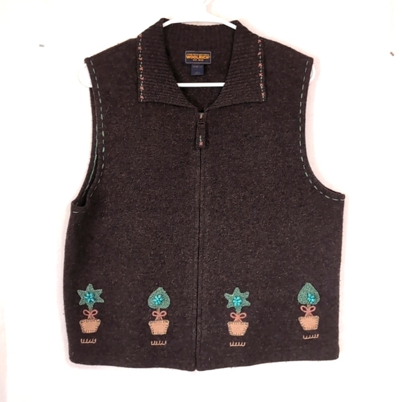Woolrich Sweaters - Woolrich Lambswool Brown Full Zip Sweater Vest Floral Beaded Applique Size Large